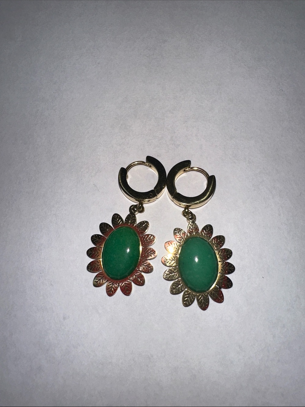 Stainless Steel, Gold-Tone Green Oval Stone Sunburst Drop Earrings